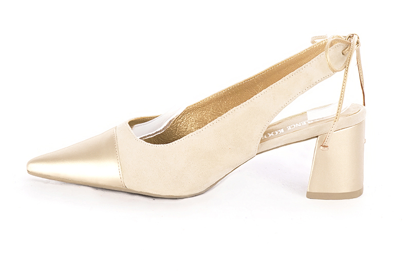 Gold and champagne beige women's slingback shoes. Pointed toe. Medium flare heels. Profile view - Florence KOOIJMAN